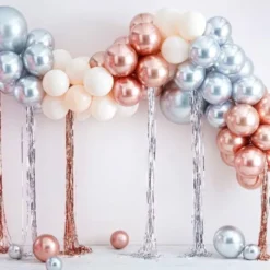 Ballongbåge med Girlanger Kit Silver/Roséguld/Vit