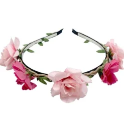 Diadem med Blad & Rosa Blommor