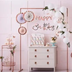 Girlang Happy Birthday Roséguld med Blommor
