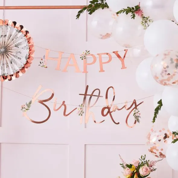 Girlang Happy Birthday Roséguld med Blommor