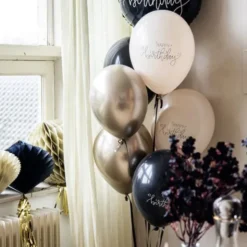 Latexballonger Happy Birthday Svart/Olivgrön/Krämvit 6-pack