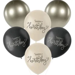 Latexballonger Happy Birthday Svart/Olivgrön/Krämvit 6-pack