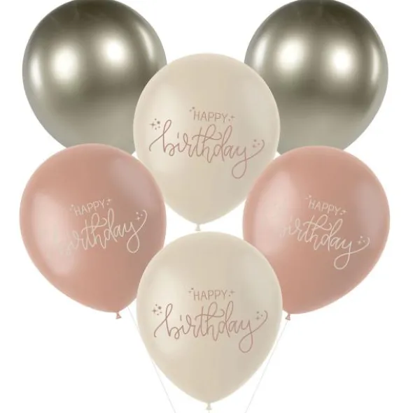 Latexballonger Happy Birthday Krämrosa/Olivgrön/Krämvit 6-pack