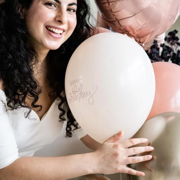 Latexballonger Happy Birthday Krämrosa/Olivgrön/Krämvit 6-pack