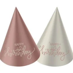 Partyhattar Happy Birthday Krämrosa/Krämvit 6-pack