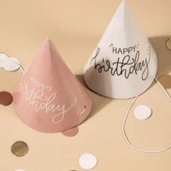 Partyhattar Happy Birthday Krämrosa/Krämvit 6-pack
