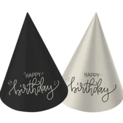 Partyhattar Happy Birthday Svart/Krämvit 6-pack