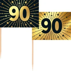 Partypicks 90 år Guld/Svart 50-pack
