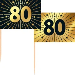 Partypicks 80 år Guld/Svart 50-pack