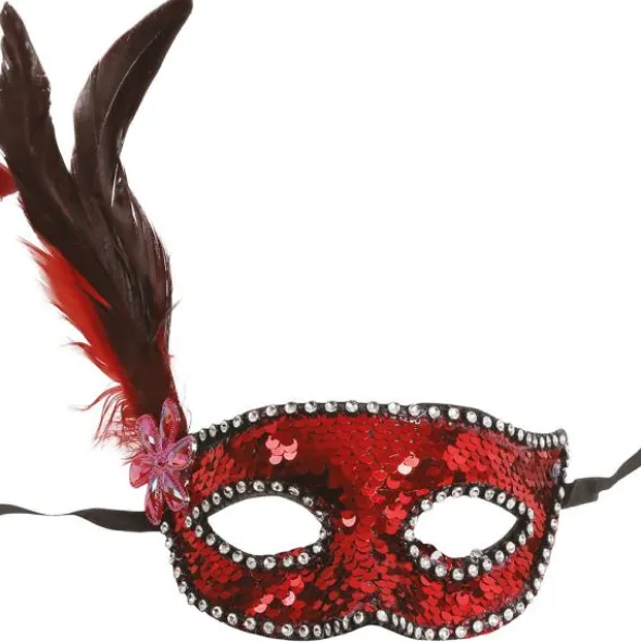 Röd Halvmask med Paljetter & Fjädrar