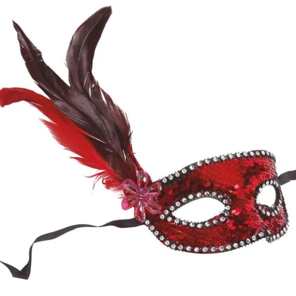 Röd Halvmask med Paljetter & Fjädrar