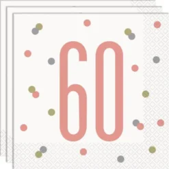 60 Års Servetter Vit & Rosa