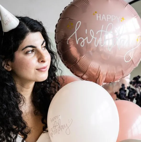 Rund Folieballong Happy Birthday Krämrosa