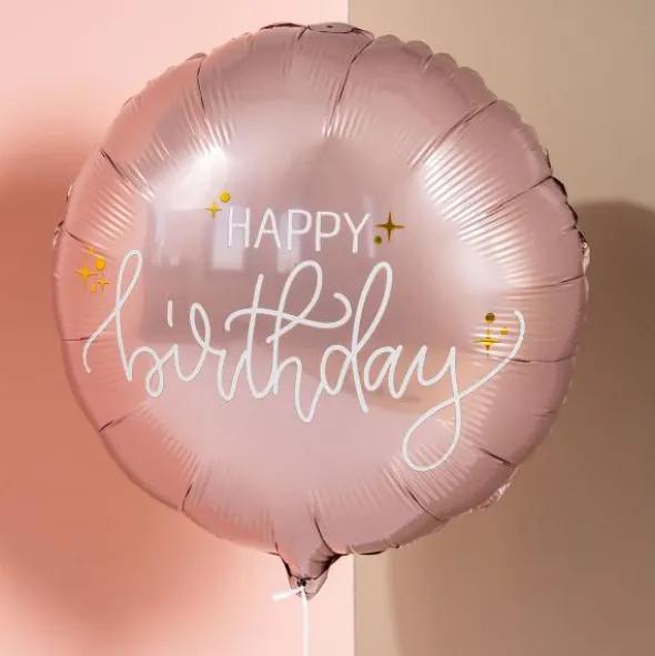 Rund Folieballong Happy Birthday Krämrosa