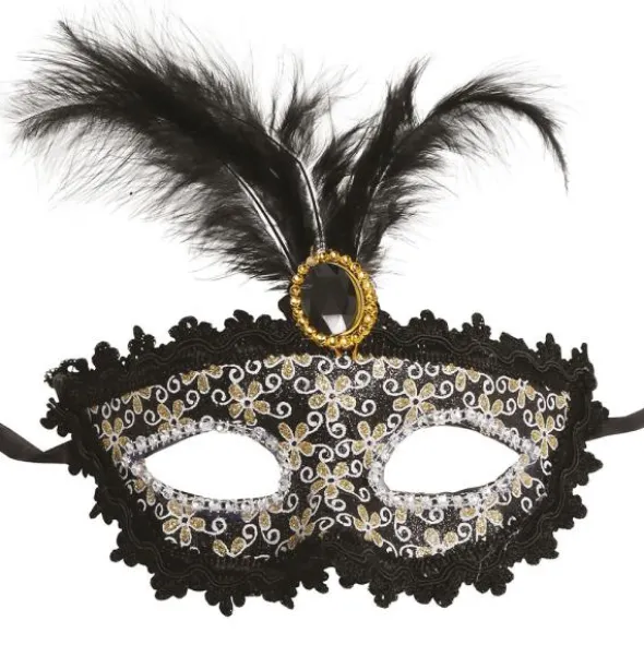 Svart Halvmask med Fjädrar