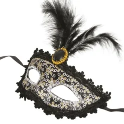 Svart Halvmask med Fjädrar