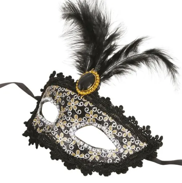 Svart Halvmask med Fjädrar