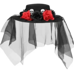 Svart Hatt med Döskallar, Blommor & Slöja