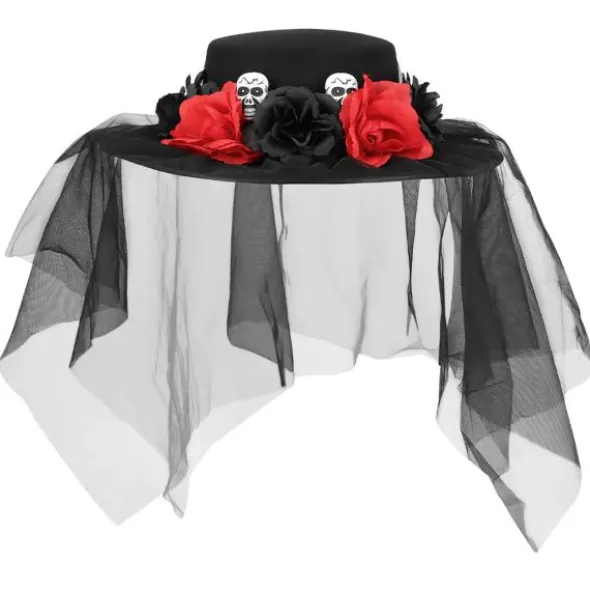 Svart Hatt med Döskallar, Blommor & Slöja