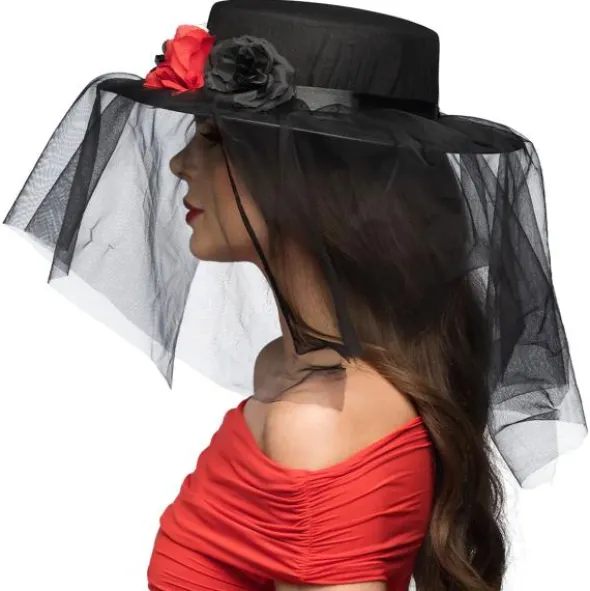 Svart Hatt med Döskallar, Blommor & Slöja